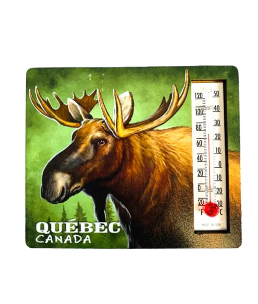Aimant de réfrigérateur/thermomètre, souvenir du Québec, Canada. Image d’orignal.