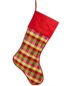 Bas de Noël à carreaux rose et vert de 19 pouces