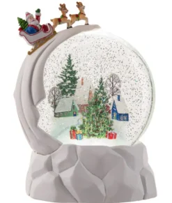 Boule à neige, éclairée par LED, scintillante, Père Noël volant