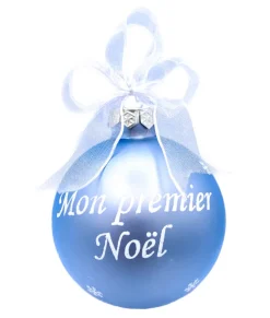 Boule de verre bleu « Mon Premier Noël » à personnaliser. Motif cigogne