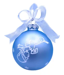 Boule de verre bleu « Mon Premier Noël » à personnaliser. Motif cigogne