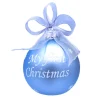 Boule de verre bleu « My First Christmas » à personnaliser. Motif petits pieds
