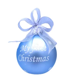 Boule de verre bleu « My First Christmas » à personnaliser. Motif petits pieds