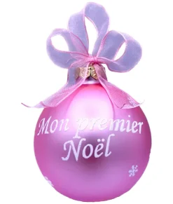 Boule de verre rose « Mon Premier Noël »  à personnaliser. Motif petits pieds