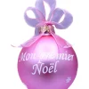 Boule de verre rose « Mon Premier Noël » à personnaliser. Motif cigogne