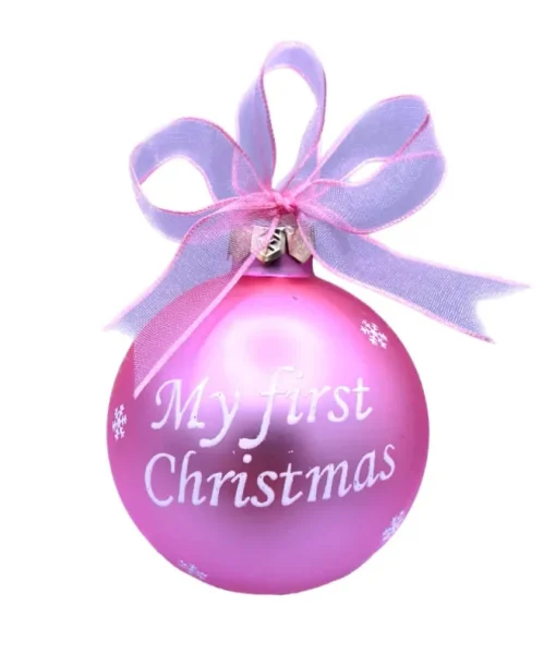 Boule de verre rose « My First Christmas » à personnaliser. Motif petits pieds