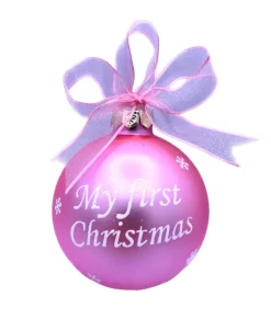 Boule de verre rose « My First Christmas » à personnaliser. Motif cigogne