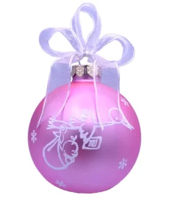 Boule de verre rose « My First Christmas » à personnaliser. Motif cigogne