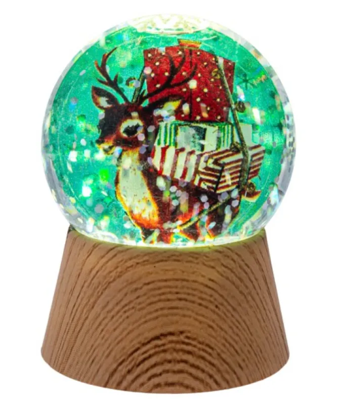 Décor de table, Mini Dôme d’eau, Lumière LED, Renne avec cadeaux