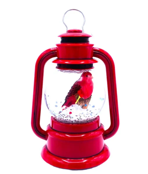 Décor de table, mini-lanterne rouge. Cardinal dans une boule à neige.
