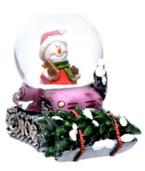 Décor de table, Mini-snowglobe. Bonhomme de neige sur une motoneige rose