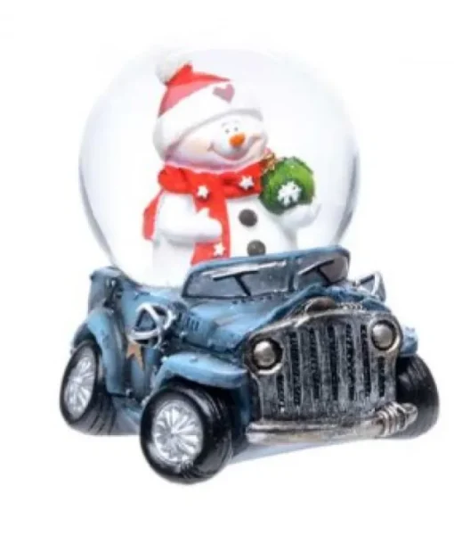 Décor de table, Mini-snowglobe. Bonhomme de neige dans un VUS 4x4