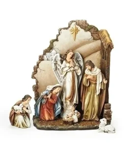 Décor de table, scène de la Nativité avec étoile de Bethlem et arrière-plan du village