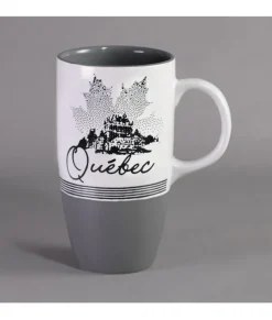 Grande tasse souvenir, motif de feuilles d'érable et le Château Frontenac.
