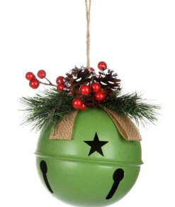 Home decor, 6" green jingle bell with sprig of berries and pine cone