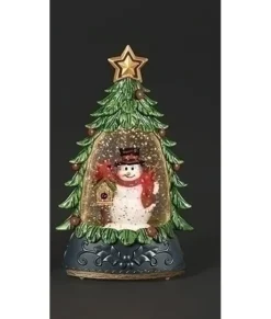 Lanterne d'eau illuminé en forme d'arbre, avec bonhomme de neige et cardinal