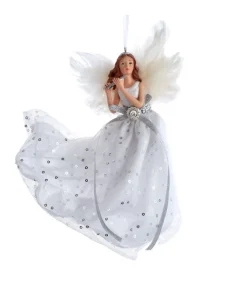 Ornement, Ange dans une robe argentée et blanche, mesure 7 pouces.