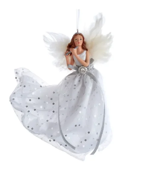Ornement, Ange dans une robe argentée et blanche, mesure 7 pouces.
