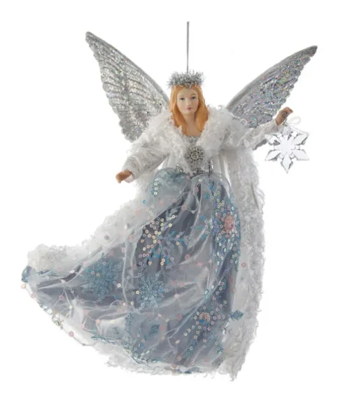 Ornement, ange en robe argentée et lavande, mesure 12"