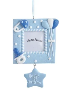 Ornement «Baby's 1st Christmas» cadre photo bleu