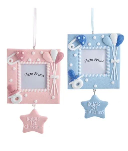 Ornement «Baby's 1st Christmas» cadre photo bleu
