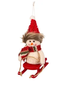 Ornement, bonhomme de neige en tissu avec traîneau