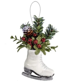 Ornement, botte de patinage blanc givré avec gui
