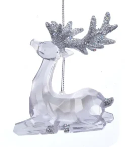 Ornement, cerf en acrylique transparent, avec bois et queue scintillants