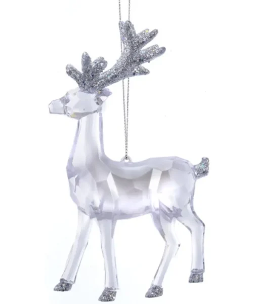 Ornement, cerf en acrylique transparent, avec bois et queue scintillants