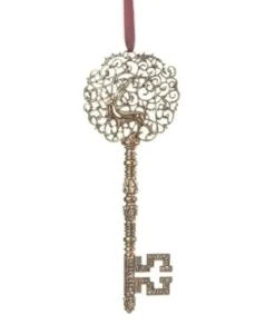 Ornement, clé du père Noël, avec poignée de renne ornée, mesure 17,8 cm.