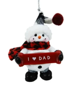 Ornement de bonhomme de neige avec message de bannière "J'aime papa" I Love Dad