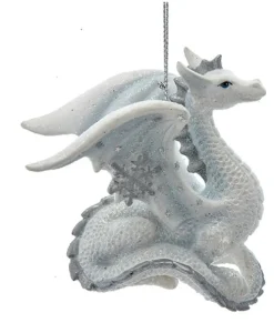 Ornement, dragon argenté et pailleté blanc, au repos