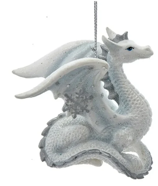 Ornement, dragon argenté et pailleté blanc, au repos