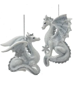 Ornement, dragon argenté et pailleté blanc, au repos