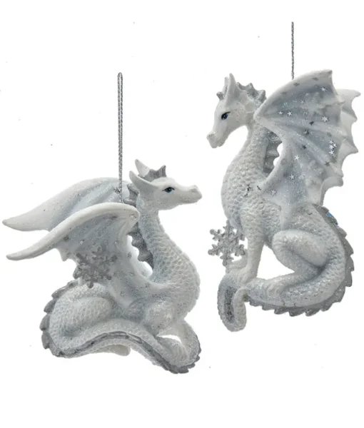 Ornement, dragon argenté et pailleté blanc, au repos