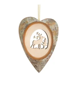 Ornement en bois, ornement en forme de coeur, avec un cerf
