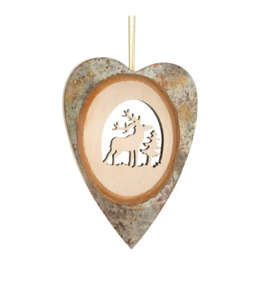 Ornement en bois, ornement en forme de coeur, avec un cerf