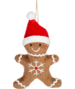 Ornement en peluche, garçon en pain d’épice avec chapeau de Père Noël