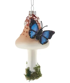 Ornement en verre, champignon avec papillon bleu