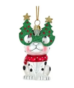 Ornement en verre, chien avec des lunettes vertes festives