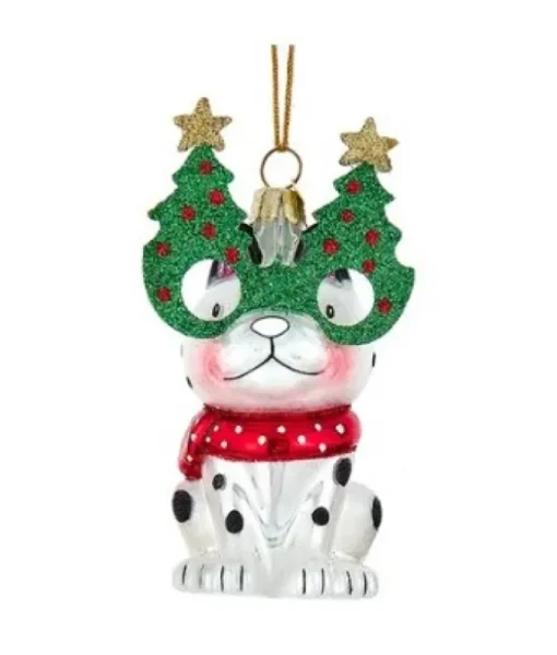 Ornement en verre, chien avec des lunettes vertes festives