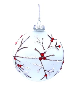 Ornement en verre givré, motif branche d'hiver et baies rouges.
