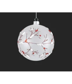 Ornement en verre givré, motif branche d'hiver et baies rouges.