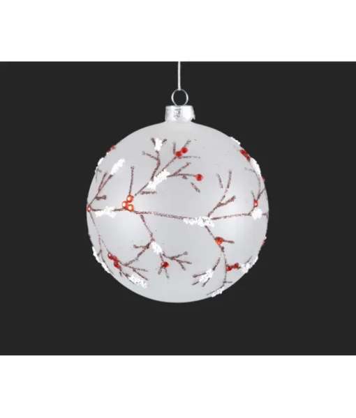 Ornement en verre givré, motif branche d'hiver et baies rouges.