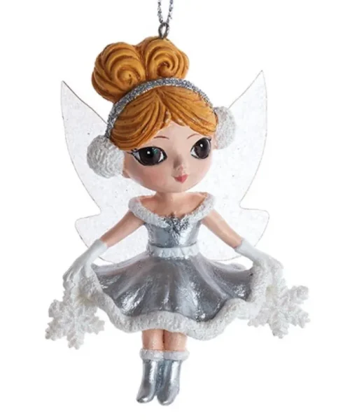 Ornement, enfant elfique aux yeux bruns, avec des flocons de neige
