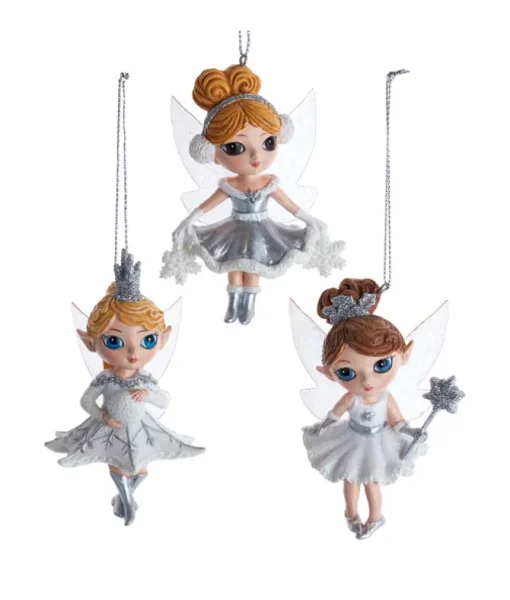 Ornement, enfant elfique aux yeux bruns, avec des flocons de neige