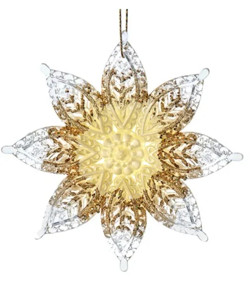 Ornement, flocon de neige acrylique transparent avec des accents dorés