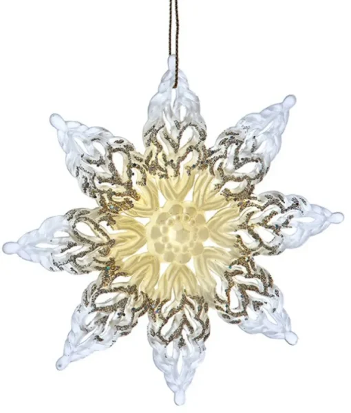 Ornement, flocon de neige acrylique transparent avec des accents dorés