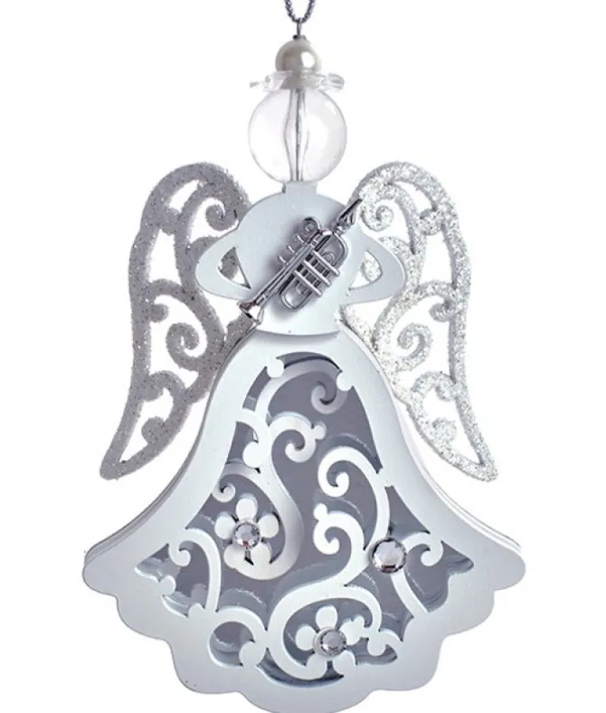 Ornement, forme d'ange aux ailes scintillantes, portant une trompette