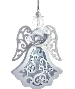 Ornement, forme d'ange aux ailes scintillantes, portant un cor d'harmonie